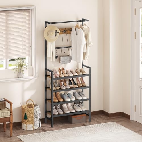 Industrial Hall Tree with 4-Tier Shoe Rack and 10 Hooks - Entryway Storage