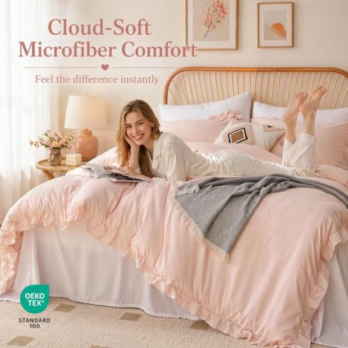 Blush Pink Queen Comforter Set - Soft Microfiber Bedding with Ruffles