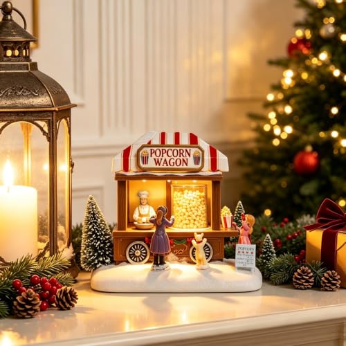 Christmas Village House with Animated Popcorn Wagon Light & Music - Holiday Decor
