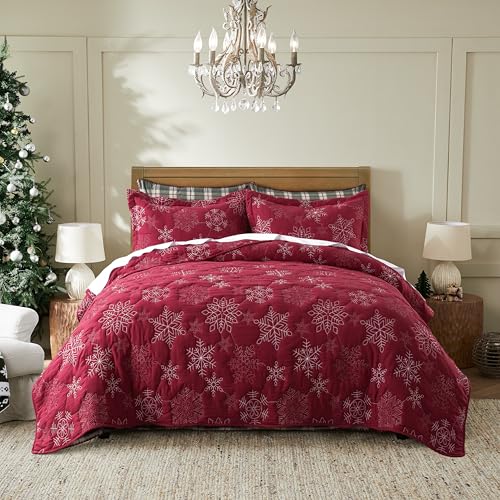 Christmas Twin Size Quilt Set with Snowflake Pattern and Pillow Shams - Holiday Red Bedding