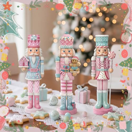 3-Piece Pastel Christmas Nutcracker Set - Resin Gingerbread Holiday Decor