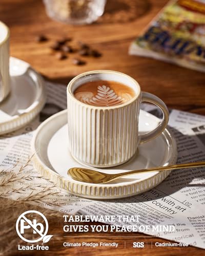 famiware 3oz Espresso Cups and Saucers Set of 4 - Cappuccino White, Handcrafted, Microwave & Dishwasher Safe