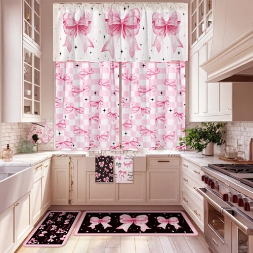 13-Piece Pink Bow Kitchen Decor Set: Towels, Rugs, Curtains & Oven Mitts