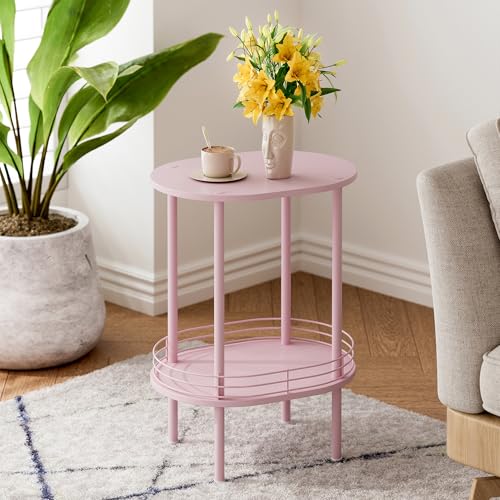 2-Tier Oval End Table with Storage, Small Pink Side Table for Bedroom