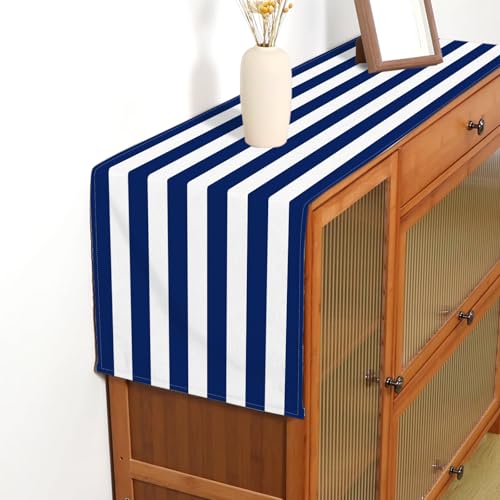 Navy Blue and White Striped Table Runner, 13" x 72" Nautical Dining Decor