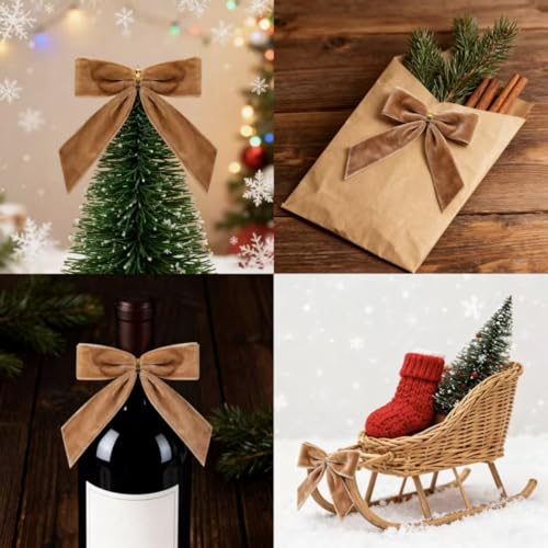 24Pcs Velvet Ribbon Bows 3.5in Gold Tree Topper Set – Doacpcr, Camel