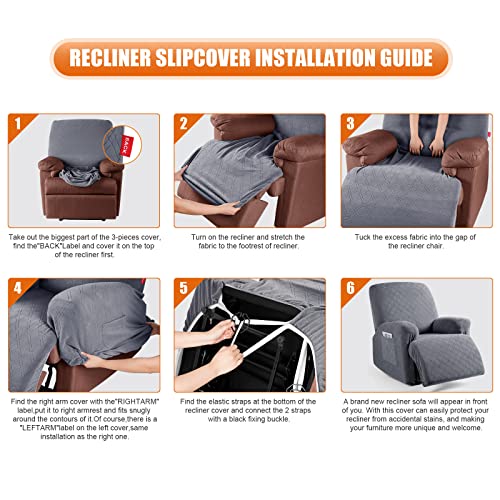 Stretch Recliner Chair Cover - 3-Piece Soft Slipcover with Pocket, Dark Gray