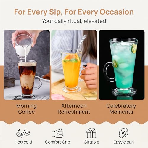 WUWEOT 6 Pack 9oz Irish Coffee Glass Mugs with Handle - Hot & Cold Drinkware