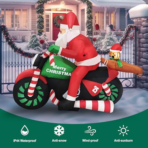 6ft Christmas Inflatable Santa on Motorcycle with Gingerbread Man Lighted Outdoor Decoration