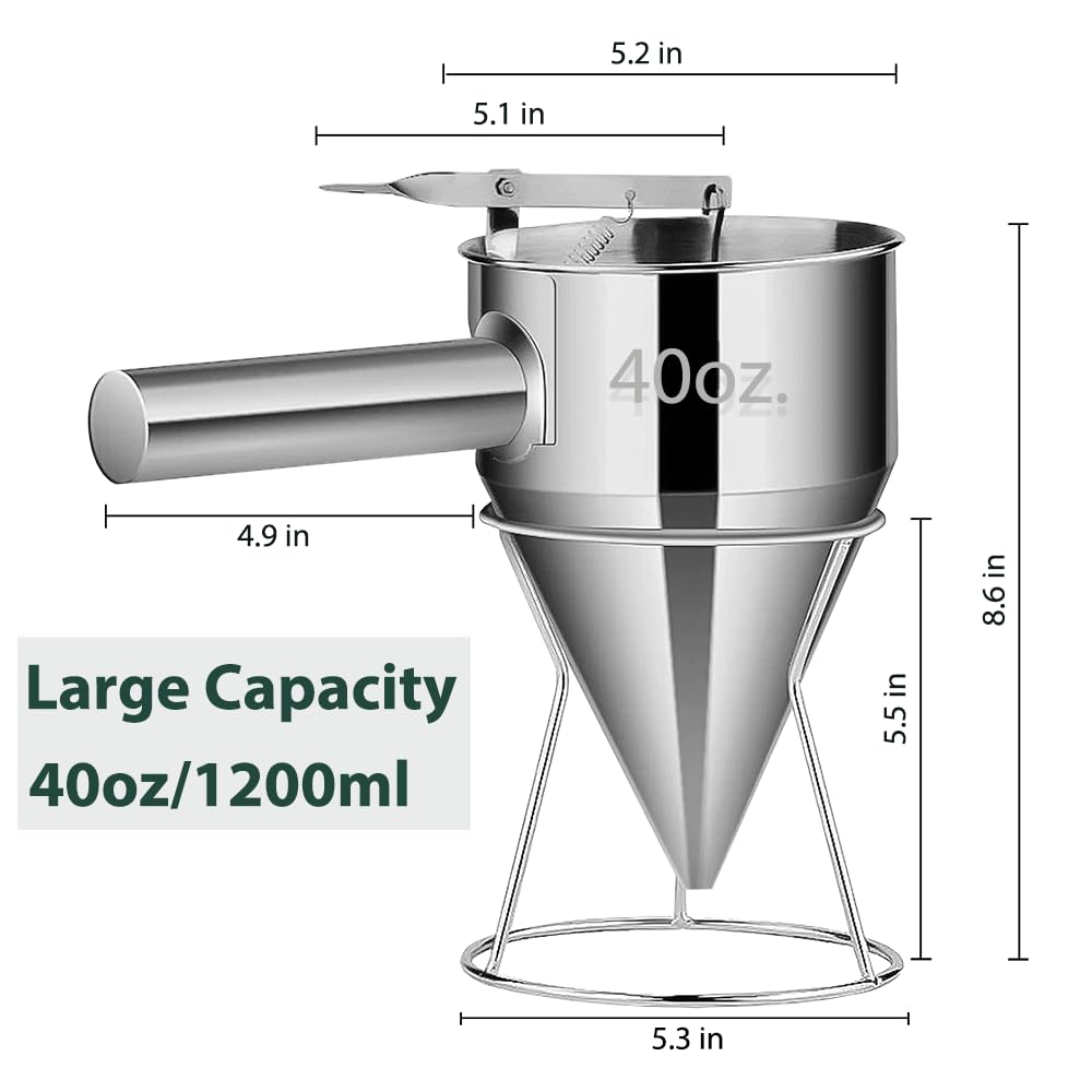 LunaCozy Pancake Batter Dispenser – 40oz Stainless Steel No-Drip Funnel, 4 Interchangeable Silicone Nozzles, Easy Control Batter Dispenser for Pancakes, Cupcakes, Funnel Cakes, Muffins & More