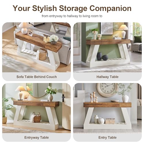 60-Inch Farmhouse Console Table with Drawer and Storage Shelf, Antique White