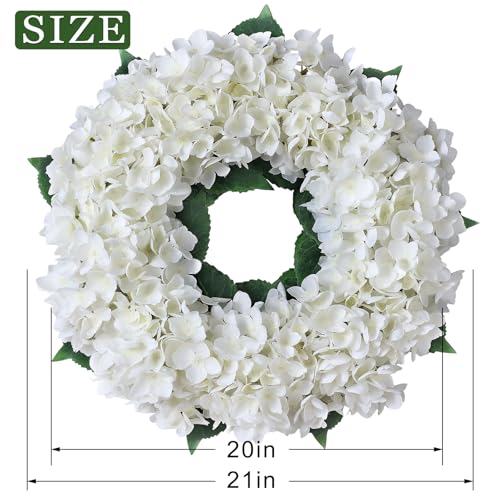 21-Inch Artificial Hydrangea Flower Wreath for Front Door Decor (White)