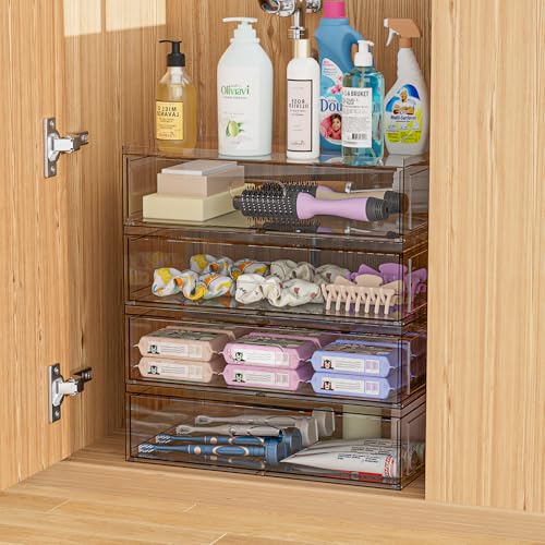 Aurblozen 3 Pack Clear Stackable Makeup Organizer with Drawers, 12"W Acrylic Storage