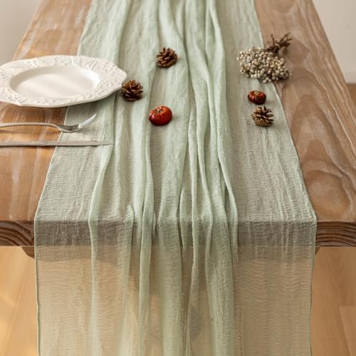 Sage Green Cheesecloth Table Runner - 120 Inch Rustic Boho Gauze Decor