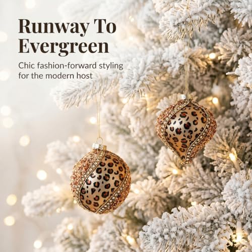 Glass Leopard Print Holiday Ornaments Set of 2 - 100MM Decorative Xmas Balls
