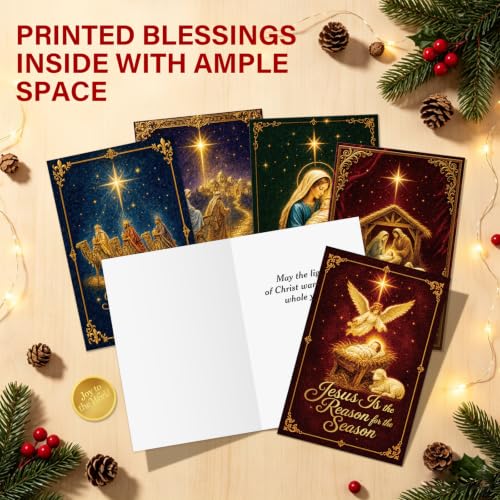 Religious Christmas Cards Set, 24-Pack with Envelopes & Seals – Nativity Scenes