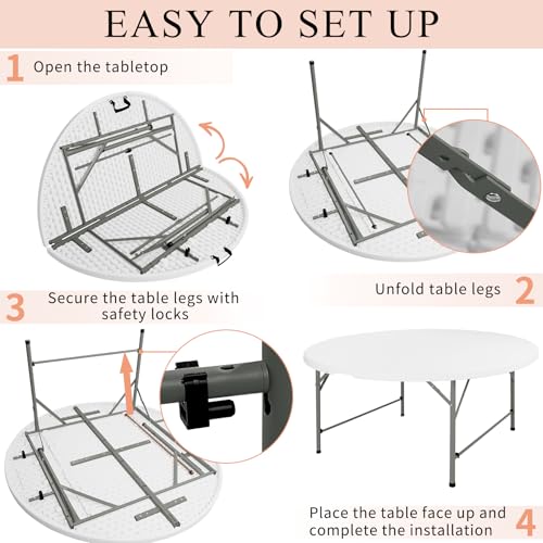 5ft Round Folding Table, Portable Heavy Duty HDPE Banquet Table with Handle