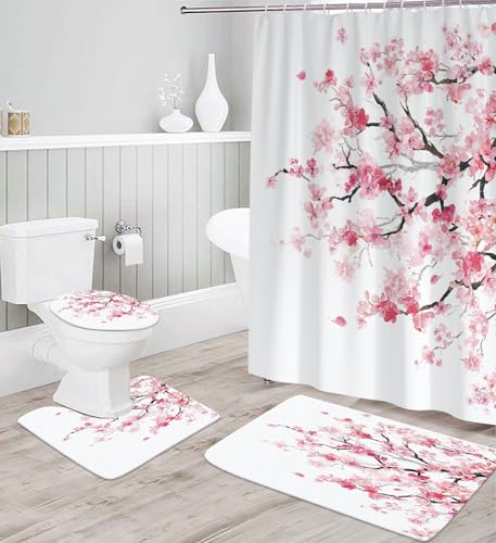 Pink Cherry Blossom 4-Piece Shower Curtain Set with Memory Foam Rugs