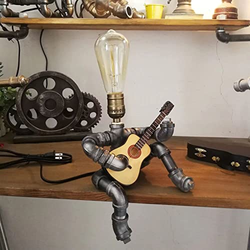 Silver-Gray Steampunk Guitar Pipe Robot Table Lamp with Wooden Guitar & Edison Bulb – Adjustable Industrial Water Pipe Desk Lamp – Music Lovers Gift