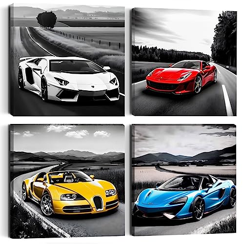 4-Piece Sports Car Canvas Wall Art Set, 8x8 Inch Racing Car Prints Decor