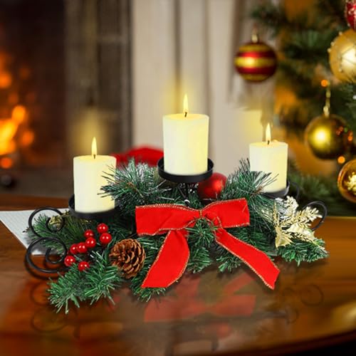 Christmas Candle Holder Centerpiece Table Decor with Berries & Pinecones