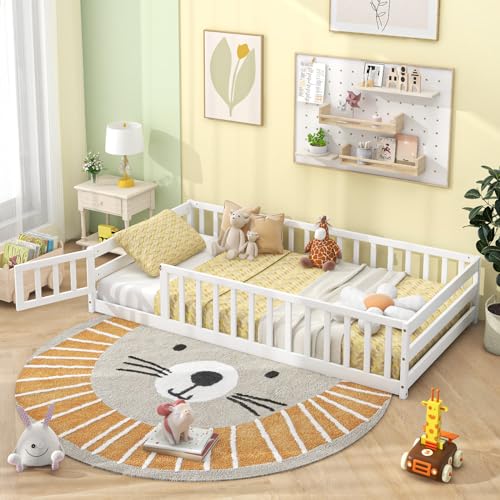 Twin Wooden Montessori Floor Bed Frame with Safety Guardrails & Door