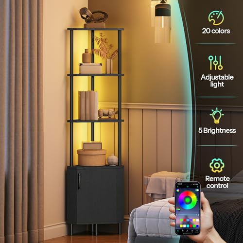5-Tier Industrial Corner Bookshelf with LED Lighting and Storage Cabinet