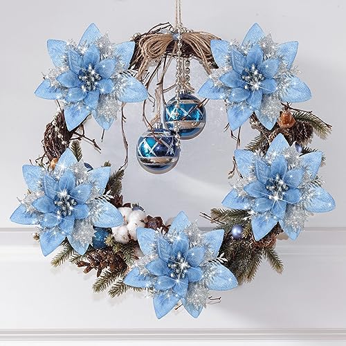 Geosar 36 Pieces Light Blue and Silver Artificial Poinsettia Christmas Flowers