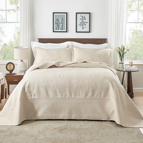 Oversized Alaska King Quilt Set - 3 Piece Microfiber Bedspread, Beige