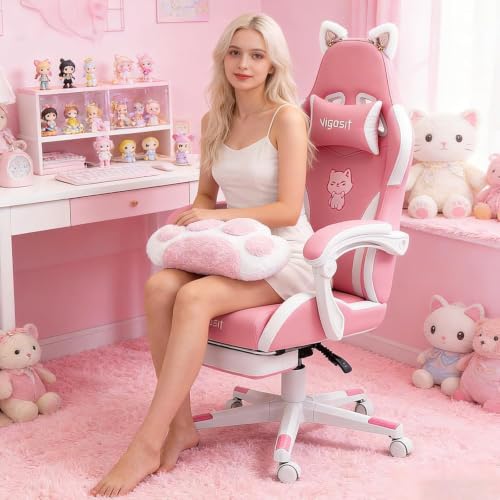 Pink Ergonomic Gaming Chair with Cat Ears, Footrest and Reclining Backrest