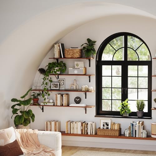 31.5-inch Floating Wall Shelves with Metal Brackets - Set of 2, Rustic Brown