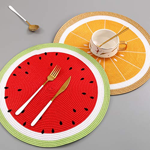 Zupro Round Watermelon Placemats Set of 4 - 15 inch Braided Indoor/Outdoor