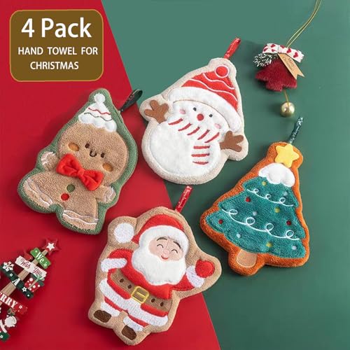 HUEYTON Christmas Series Kids Hand Towel Set - Ultra Absorbent & Soft, 4 Pack for Bathroom & Kitchen