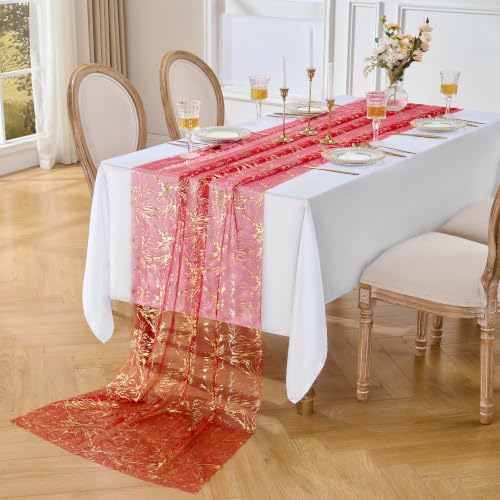 Red Gold 29x120 in Metallic Foil Tulle Table Runner - Crackle Sequin Wedding