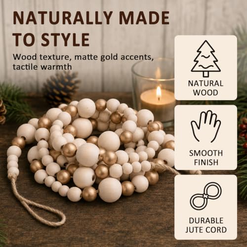 7.2 Ft Gold Wooden Bead Garland for Christmas Decor - Natural Finish