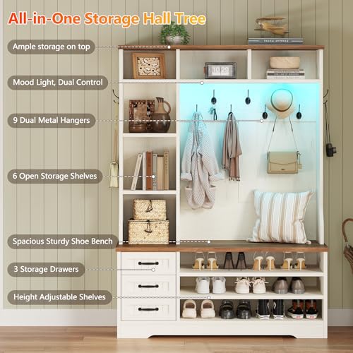 Farmhouse Hall Tree with Bench, Storage Drawers, LED Lights, and Coat Hooks