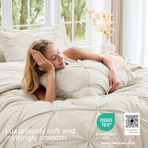 7-Piece Queen Comforter Set Bed in a Bag - Pintuck Bedding Set, Beige