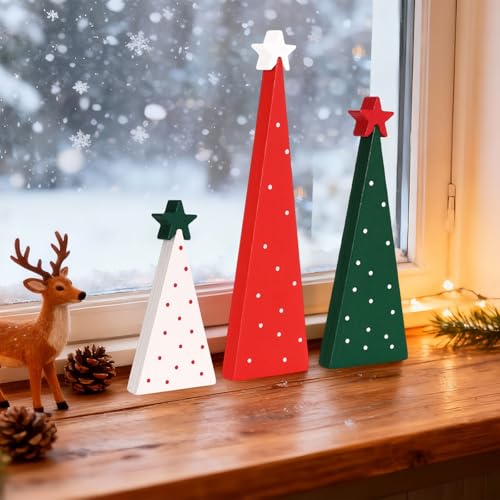 KINYFY 3-Pc Wooden Christmas Trees – Mini Tiered Tabletop Decor, Double-Sided Centerpieces (Xmas Tree) Set