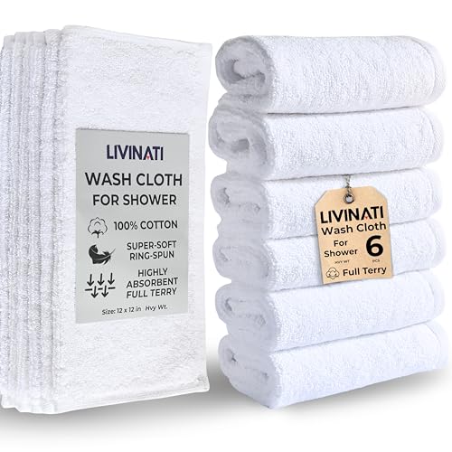 Soft 100% Cotton Washcloths - 12x12 Inch White Terry Towels, 6 Pack