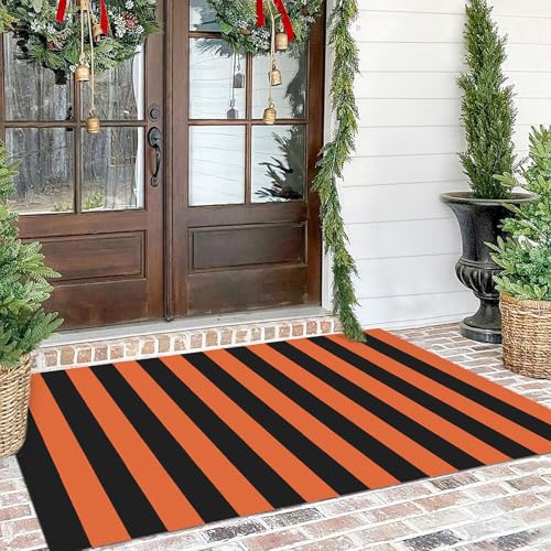 KILOCOCO 4x6 ft Fall Orange & Black Striped Woven Door Rug Halloween Decor