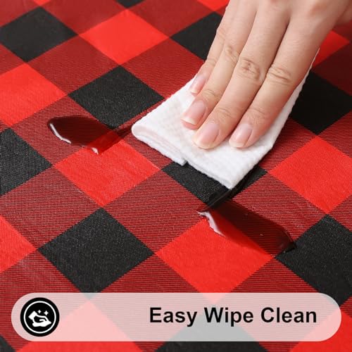 Smiry 57-68 Inch Round Picnic Table Cloth with Flannel Backing, Waterproof Vinyl, Red & Black