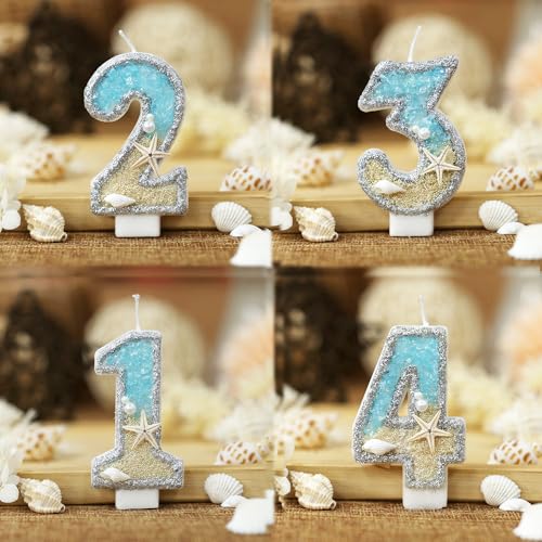 Number 2 Birthday Candle with Beach Starfish Sequins, 3-Inch Cake Topper