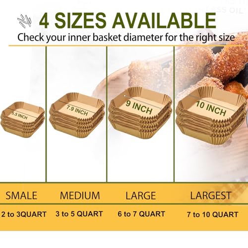 Square Air Fryer Disposable Paper Liners 9 Inch (125 Pack) Non-Stick Parchment