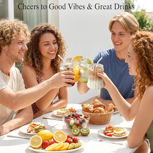 8 Pc Ribbed Glass Cup Set with Straws, 18 oz Vintage Iced Coffee Glasses