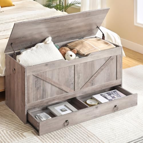 Wooden Storage Chest with Drawer, 39-Inch Entryway Bench with Safety Hinge