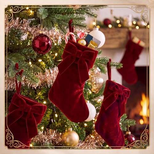12-Pack Burgundy Velvet Christmas Stockings - Mini 9'' Burgandy Xmas Stocking Ornaments