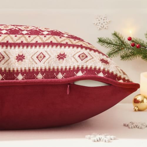 Kevin Textile Christmas Lumbar Pillow Cover 20x12in Red with Velvet Piping, Snowflake Design