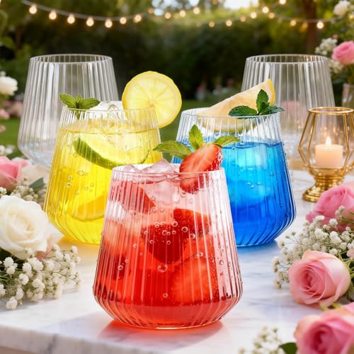 36-Pack 12oz Ribbed Plastic Stemless Wine Glasses, Clear Ripple Cups