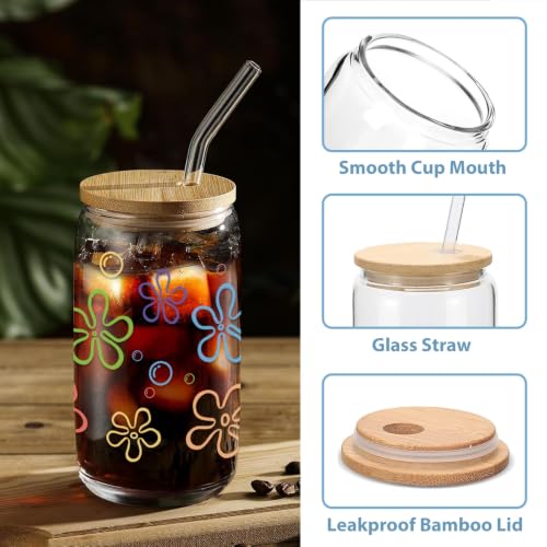 Mikopei 16oz Glass Cups with Lids & Reusable Straws, Beach Gift for Women & Men