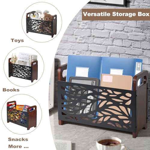 Rustic Wood and Metal Magazine Rack - Farmhouse Style Storage Basket